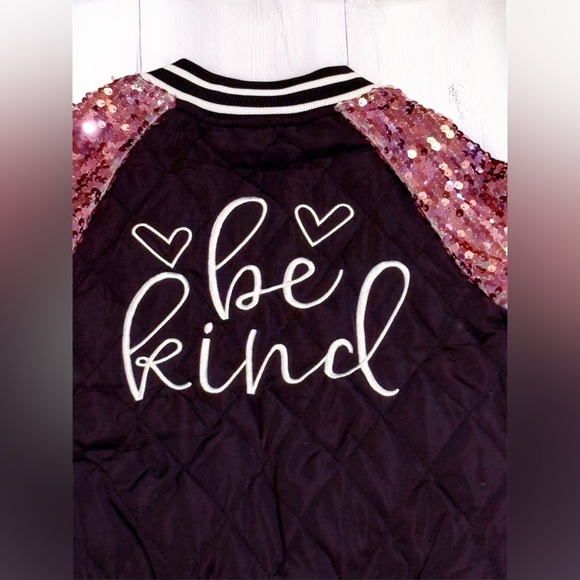Girls Black Bomber Jacket Pink Sequin Sleeves Be Kind Graphic Sparkly Sm NIP - Picture 8 of 15